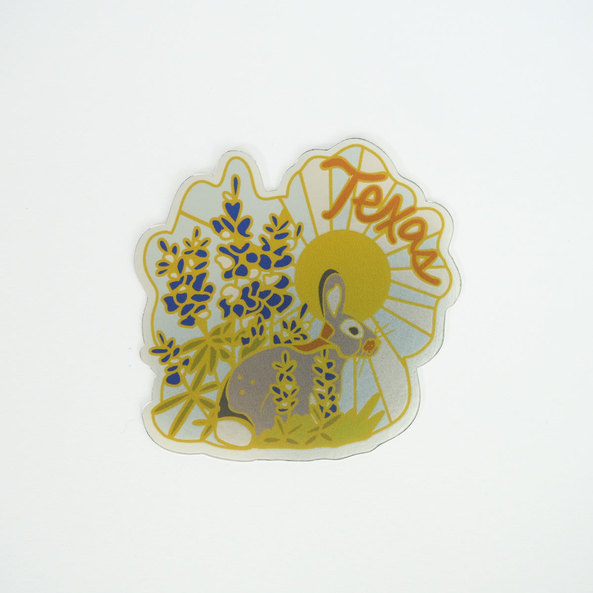 Texas Bluebonnet Bunny Vinyl Sticker photographed on a white background