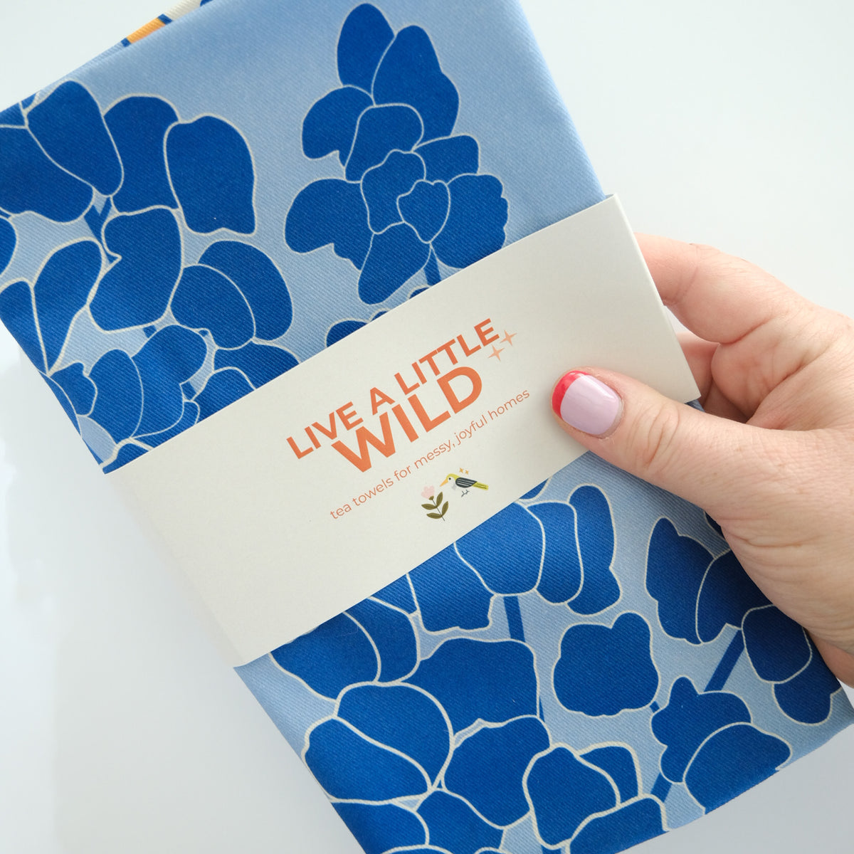 Texas Hill Country Bluebonnets Tea Towel with Acorn & Artisan retail packaging