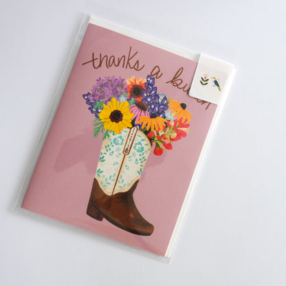 Thanks a Bunch greeting card with flowers in a cowgirl boot vase.