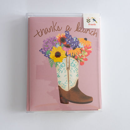 Thanks a Bunch greeting card with flowers in a cowgirl boot vase.