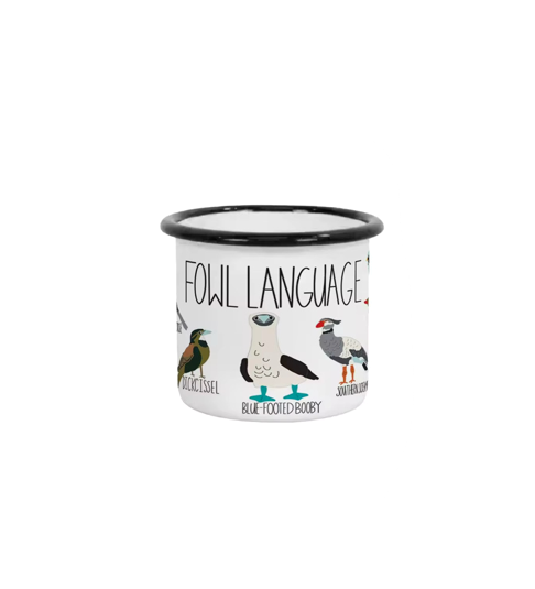 pre-order - Enamel Camp Mug, Fowl Language Bird Design, 12 oz