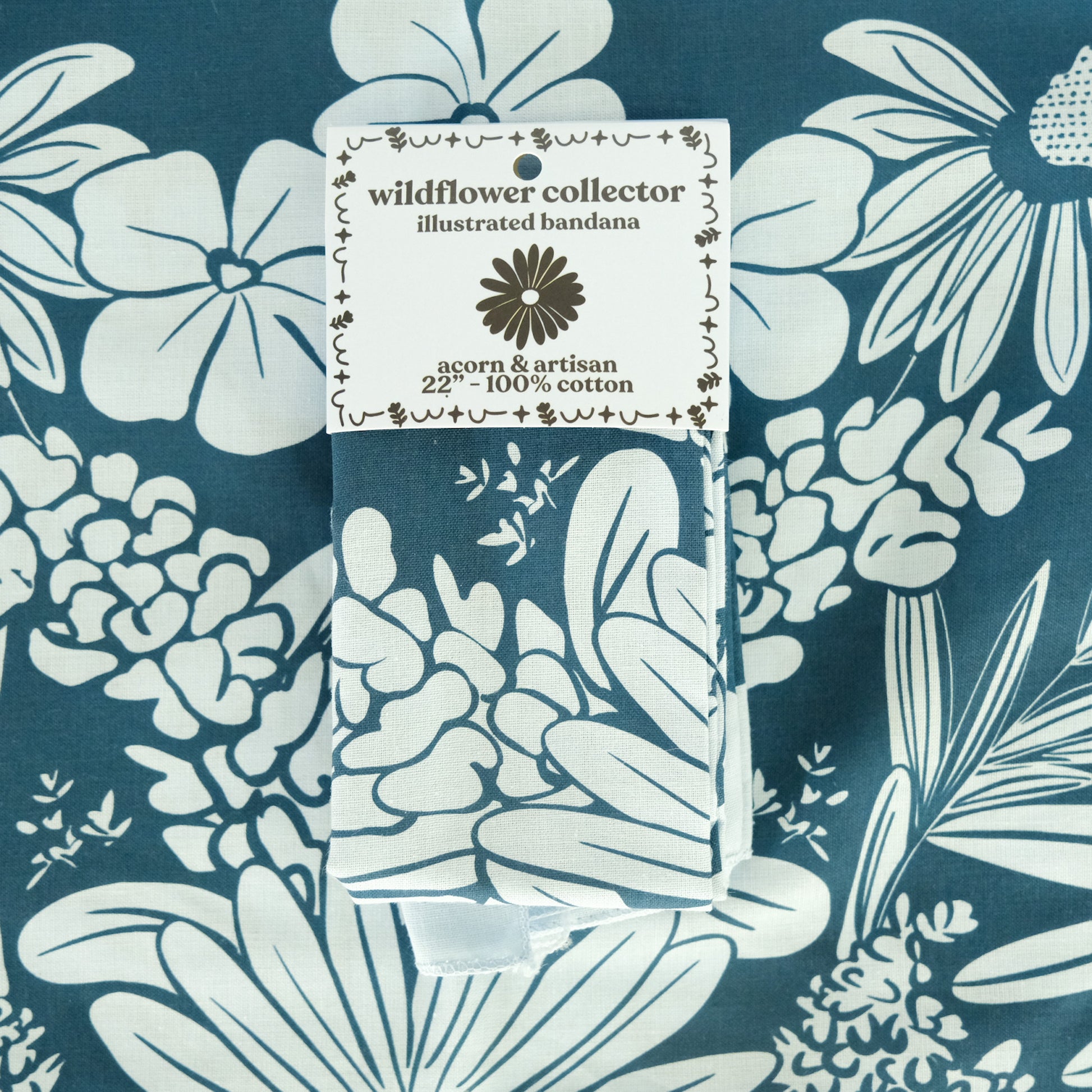 Detail view of Wildflower Collector Floral Cotton Bandana, showing the illustration and material