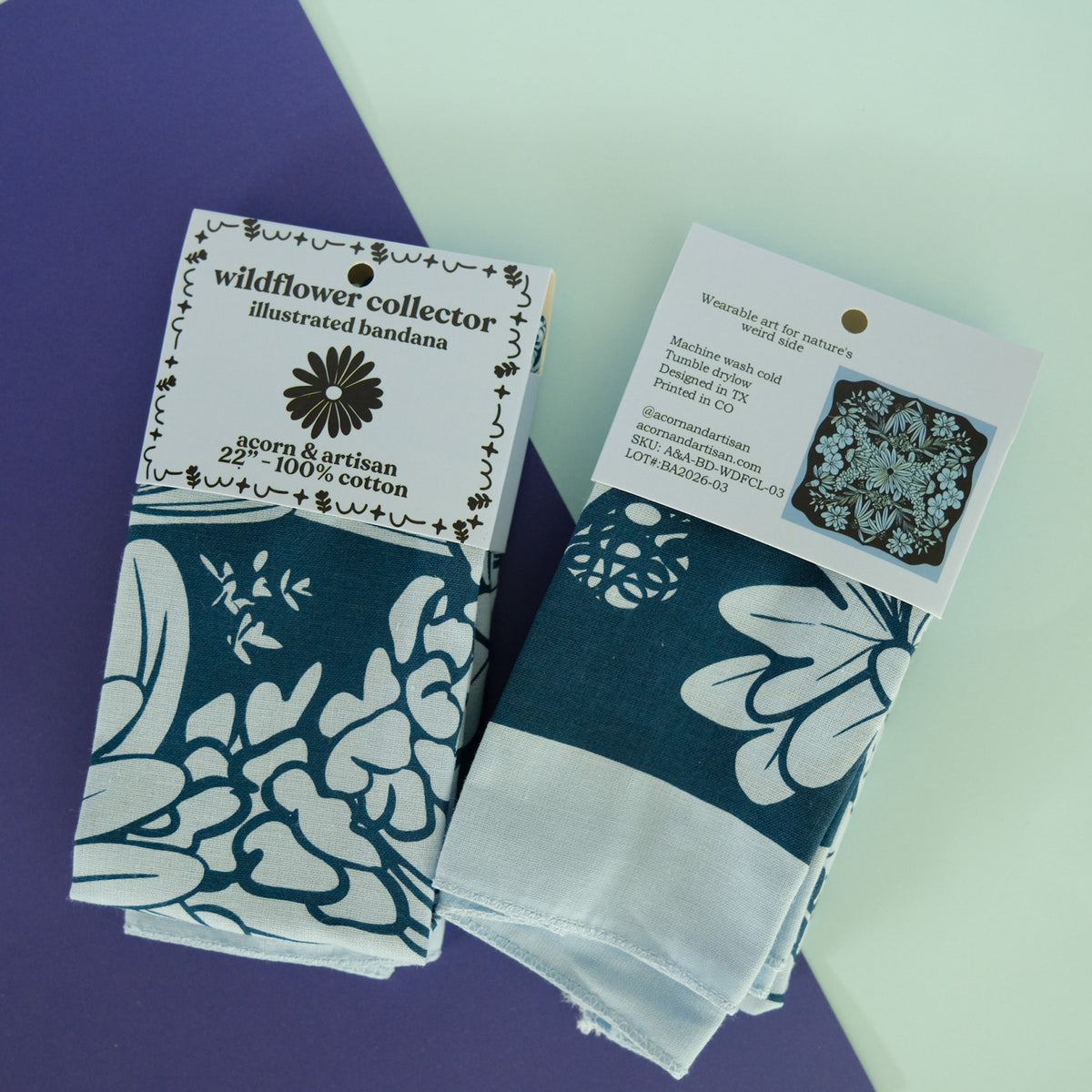 Wildflower Collector Floral Cotton Bandana with Acorn & Artisan retail packaging