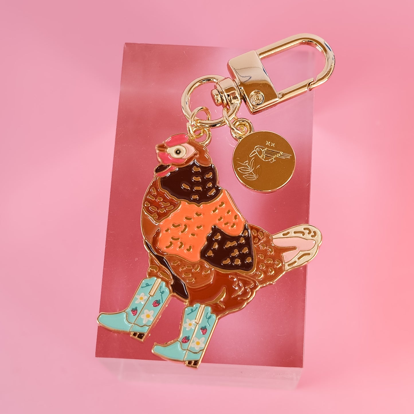 Strawberry Cowgirl Chicken Enamel Keychain | 2" Hard Enamel