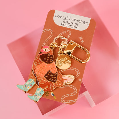 Strawberry Cowgirl Chicken Enamel Keychain | 2" Hard Enamel