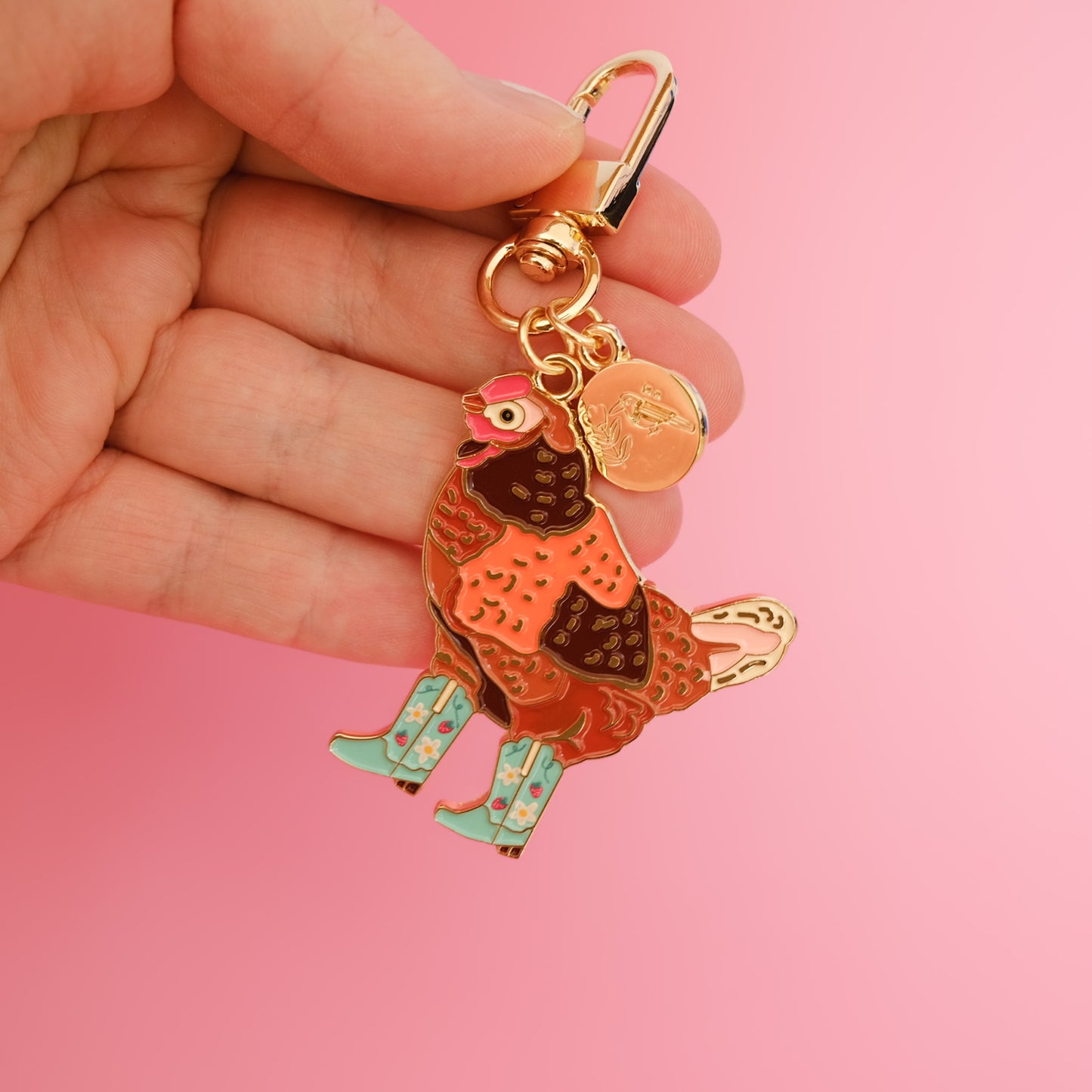 Strawberry Cowgirl Chicken Enamel Keychain | 2" Hard Enamel