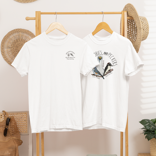 Tits, Boobies, and Peckers Bird Shirt, Funny Birdwatching TShirt with Titmouse, Blue-Footed Booby, and Woodpecker, Cute Gift for Bird Nerds and Nature Lovers