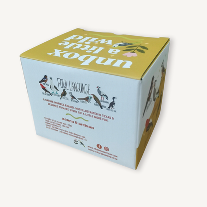 pre-order - Enamel Camp Mug, Fowl Language Bird Design, 12 oz