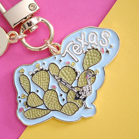 Texas Roadrunner & Prickly Pear Enamel Keychain