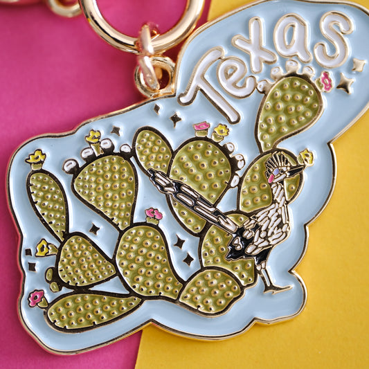 Texas Roadrunner & Prickly Pear Enamel Keychain