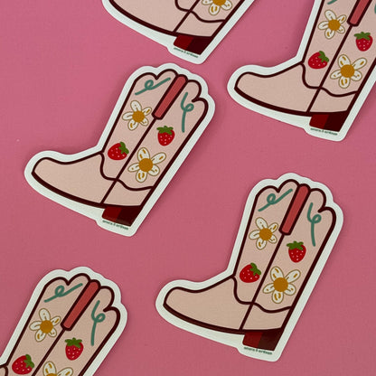 Strawberry Cowgirl Boot Vinyl Sticker | 3" Waterproof Vinyl