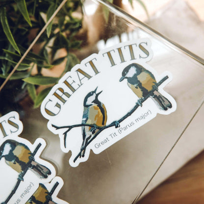 Stickers laid out on table showing great tits title and two great tits birds sitting below. 